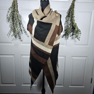 Laon Fashion Sleeveless Shawl Wrap Brown Black Tan 2 Button Jacket Vest Medium